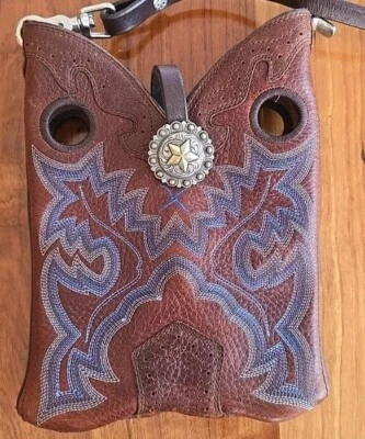 Bandolera única estilo occidental bota de vaquero cubo puntada azul correa marrón Foto 1 de 4