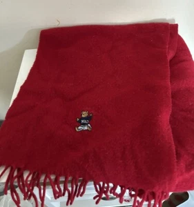 Vtg RALPH LAUREN Polo 100% Lambswool Fringe Scarf Teddy Bear Scotland Made Red - Picture 1 of 7