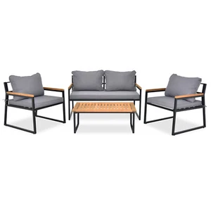 Outdoor Patio Lounge Set 4 Piece Acacia Wood Cushioned Furniture for Deck - Picture 1 of 12