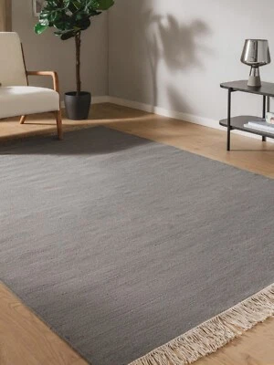 Gray Wool Rug Solid Modern Scandinavian Handmade Area Rug Kilim Boho Living Room - Image 1 of 4