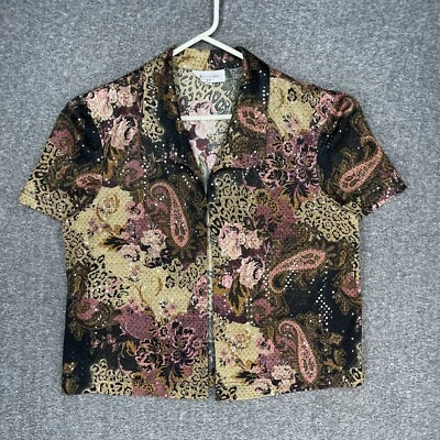 Miss Dorby Open Front Blouse Women's Plus 18 Paisley Leopard Print Sequins — 第 1/4 张图片