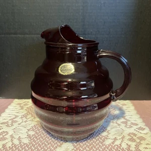 Vintage Anchor Hocking Whirly Twirly Royal Ruby Glass Ball Pitcher Ice Lip - Picture 1 of 6