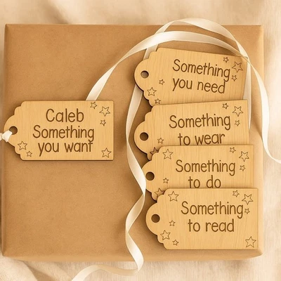 HANDMADE Personalised Wooden Christmas Gift Tags, 5 Gift Rule, Something You Want Need