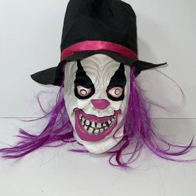 Máscara de payaso con pelo rosa y sombrero negro Halloween látex espeluznante miedo  Foto 1 de 4