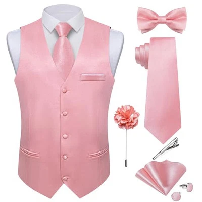  Mens Satin Suit Vest and Tie Set 8PCS Solid Waistcoat and Large Blush Pink - Image 1 of 4