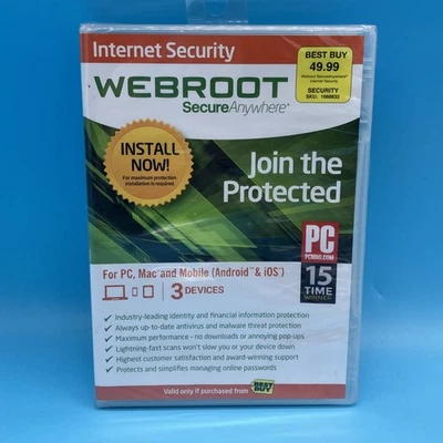 Webroot Secure Anywhere Internet Security 3 Devices for PC/MAC/Mobile NEW SEALED - Image 1 of 4