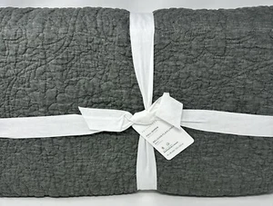 Pottery Barn  Linen Floral Stitch Quilt~Belgian Flax~F/Q ~Dark Forest Green  NEW - Picture 1 of 2