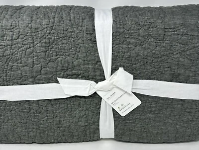 Pottery Barn  Linen Floral Stitch Quilt~Belgian Flax~F/Q ~Dark Forest Green  NEW - Image 1 of 2