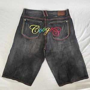 Vintage Y2K COOGI Black Jean Shorts 42W Rainbow Embroidered 42x14 Used Free Ship - Picture 1 of 10