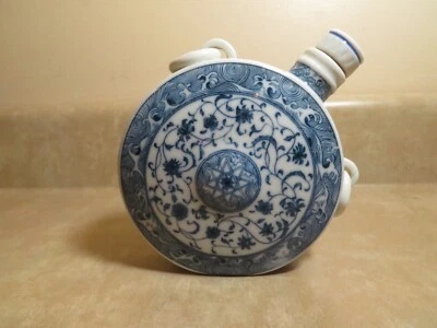 Botella Redonda Cerámica Vintage, Frasco con Tapón Corcho Blanco y Azul Diseño Floral Foto 1 de 4