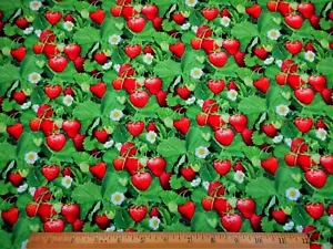 Quilt Fabric By Yard Packed Red Strawberries Green Leaves Fruit Premium Cotton - Picture 1 of 2