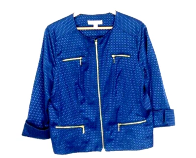 LAURA ASHLEY jacket size L blue geometric pattern exposed zippers pockets - Image 1 of 4