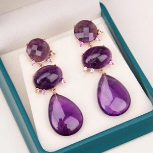 Natural Purple Amethyst Quartz Zircon CZ Earrings Rose Gold Plated Luxury Gifts - Picture 1 of 8