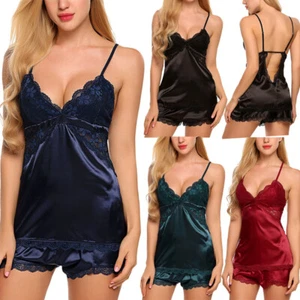 2 Piece Women Sexy Lace Silk Sleepwear Satin Pajamas Cami Shorts Set Nightwear - Picture 1 of 28