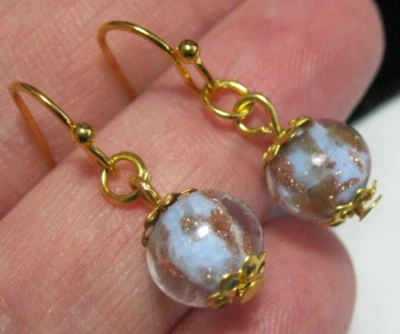 Lilac Blue Venetian Italian Murano Glass Gold Foil Bead Vintage Style EARRINGS - Image 1 of 4
