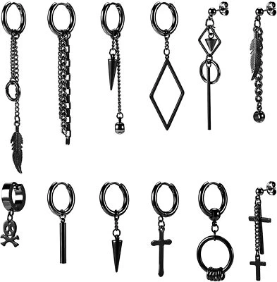 12 Pcs Dangle Cross Earrings for Men Women Surgical Steel Hip-hop Earrings Sets - Image 1 of 4