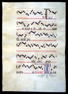 ILLUMINATED MANUSCRIPT CHOIRBOOK LEAF SPAIN c 1460-90, LARGE INITIALS - Picture 1 of 4