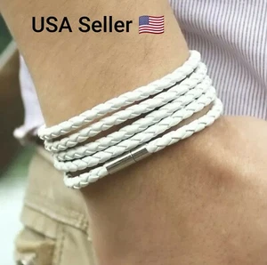 Men's Women's Silver Stainless Steel Magnetic Clasp Braided Leather Bracelet New - Picture 1 of 8