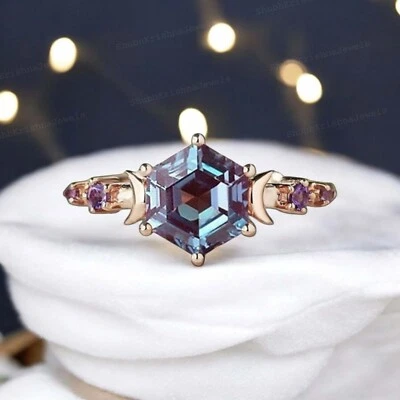14k Rose Gold 7 mm Hexagon Cut Alexandrite Amethyst  Crescent Moon Wedding  Ring - Image 1 of 4
