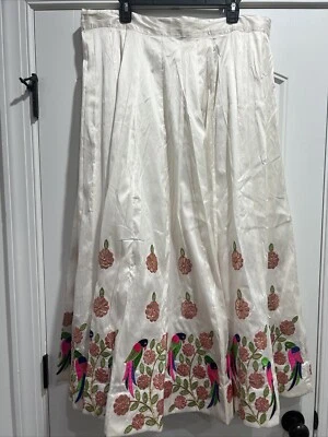 VTG Ivory Lehenga Skirt w/ Parrots Flowers Applique Colorful Ethinic Wear READ - Image 1 of 4