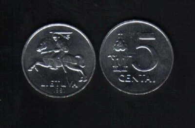 Lithuania 5 CENTS KM-87 1991 Pre Euro UNC HORSE RIDER Lithuanian Currency COIN - Image 1 of 4