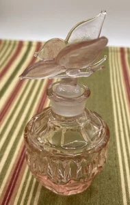 "Botella de perfume y tapón de vidrio mariposa rosa Art Deco vintage 4,5" x 1,5""" - Imagen 1 de 7
