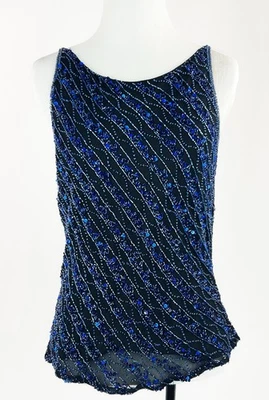 Papell Boutique Evening Vintage Tank Top Black Blue Beaded 100% Silk Size M - Image 1 of 4