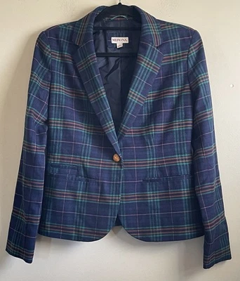 Merona Blazer женщин размер 4 синий зеленый клетку кнопка опрятный карьера повседневная куртка - Изображение 1 из 4