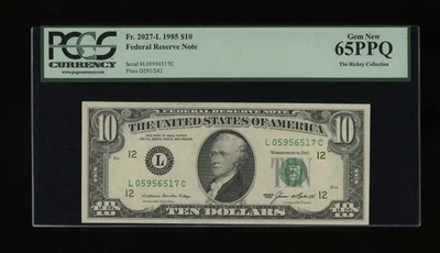 DBR 1985 $10 FRN San Francisco Gem Fr. 2027-L PCGS 65 PPQ Serial L05956517C - Image 1 of 2