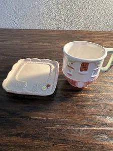Taza de té y platillo rosa pintado a mano Country Cottage de Russ vintage - Imagen 1 de 7