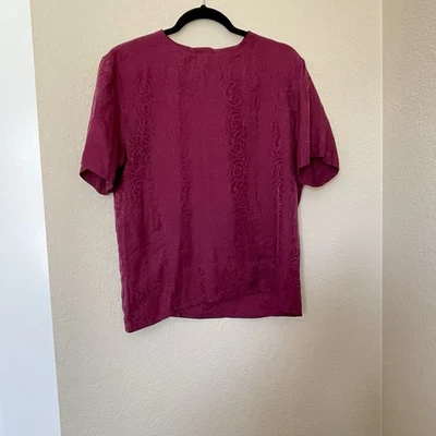 Top Vintage Informal Esquinero Floral Jacquard Rojo Manga Corta 100% Seda Talla 8 Foto 1 de 4