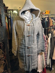 VTG 60s KIMLON Heavy Knit Gray Long Hooded Hippy Toggle Button Front Sweater~L - Picture 1 of 8