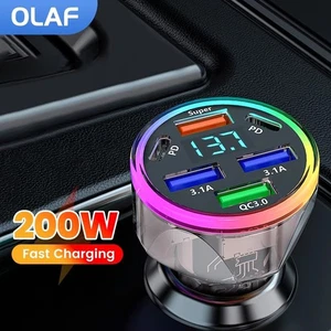Cargador Coche Rápido 200W 5 Puertos USB-C + USB QC3.0 para iPhone Samsung Huawei Xiaomi - Imagen 1 de 8