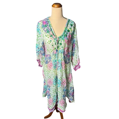 Ruby Yaya Midi Dress Size 12 Boho Floral Crinkle Cotton India Made Resort - image 1 of 4