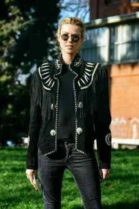 Women Western Cowgirl Cowboy Suede Bones Style Black Leather Jacket With Fringe - Picture 1 of 2