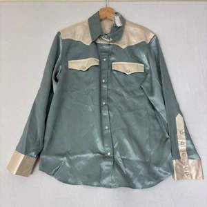 Madewell Alexa Chung Western Shirt Small Teal Ivory Pearl Snap Blouse Long Slv - Picture 1 of 11