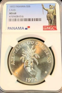 1972 PANAMA SILVER 5 BALBOAS FAO NGC MS 64 SCARCE BRIGHT LUSTER BU BEAUTIFUL - Picture 1 of 5
