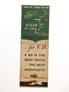 WW2 USA Venereal Disease No is the Best Tactic Prophylactic Matchbook Cover 1940 - Picture 1 of 7