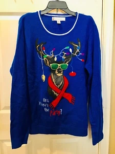 Jolly Sweater M/M Blue Reindeer Party Ugly Sweater Christmas Holiday Pullover 💕 - Picture 1 of 12