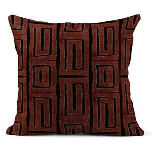 Mid Century Modern Print Kuba Cloth Pillow 22x22 Black and Brown Linen Weave