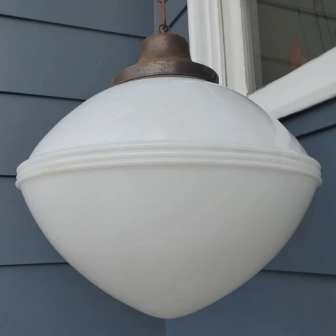 Extra Large Antique 1920's Schoolhouse Light Fixture Opal Glass Shade, Globe Cover