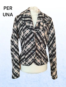 Sz 18 Per Una Black Cream Check Tweed Jacket. Tartan Plaid Wool Mix Steampunk - Picture 1 of 5