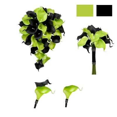 Wedding Package - Lime Green and Black Bouquet boutonniere real touch calla lily - Image 1 of 3