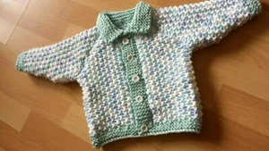 handknit baby cardigan multi blue/green/white chunky wool to fit 18" measures 22 - Picture 1 of 3
