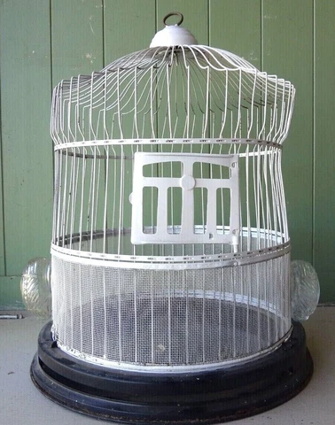 Vintage Pagoda Beehive Bird Cage w/ Glass Seed Cups and Seed Guards. Black White Cover
