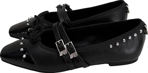 John Fluevog Pina Black Double Strap Flats Metallic Studs Size 7.5 Women’s - Picture 1 of 9
