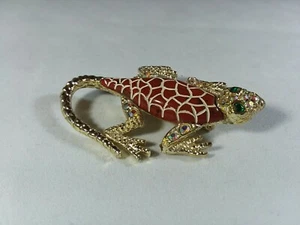 Brown Lizard Geko gold tone rhinestones textured lucite BROOCH - Picture 1 of 6