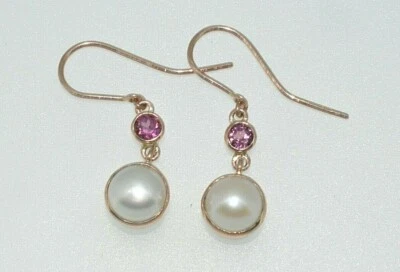 Pendientes colgantes de oro rosa de 9 quilates granate rodolita y perlas cultivadas NUEVO Foto 1 de 4