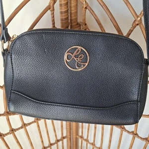 Leona Edmiston Small Crossbody Shoulder Bag Black PU Leather Gold Logo EUC - Picture 1 of 8