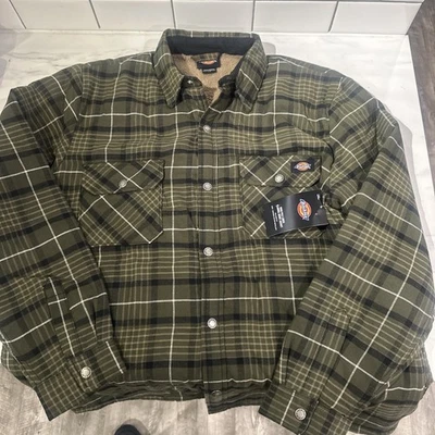 Jaqueta de flanela Dickies verde/preta masculina grande forrada Sherpa botões de pressão - Imagem 1 de 4